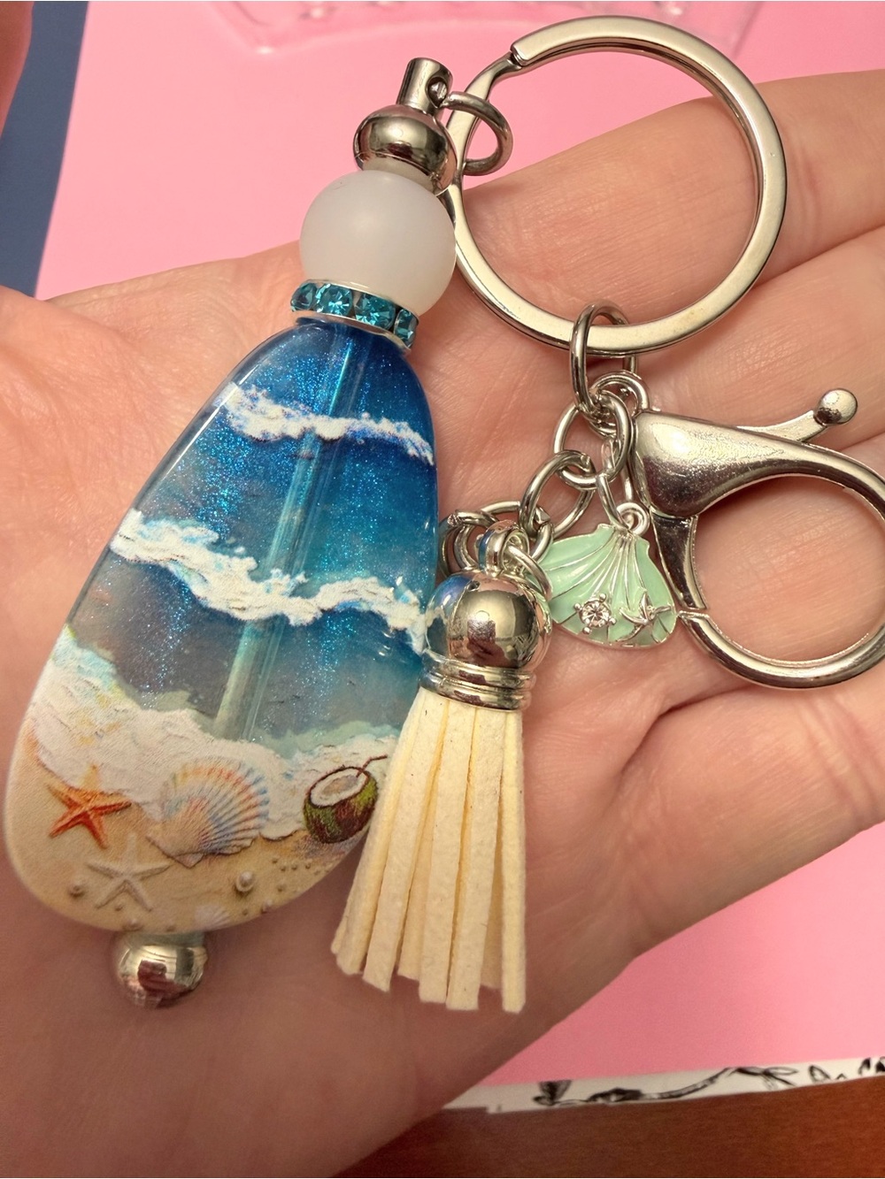 New Beach Keychain with Tassel - Blue & Cream